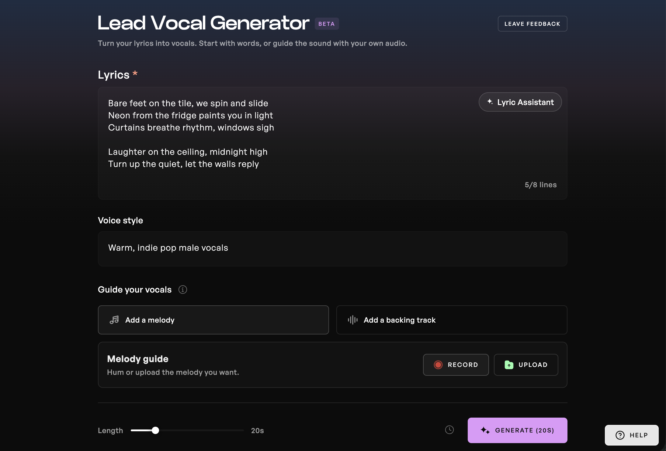 El Lead Vocal Generator convierte tus letras en voces cantadas. Describe el sonido que buscas, añade una melodía o una base instrumental si quieres y crea una voz principal a partir de tu idea.